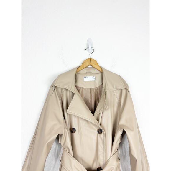 ASOS DESIGN Tan Faux Leather Trench Coat Size 12 Long Preppy Chic Minimalist - Picture 4 of 15